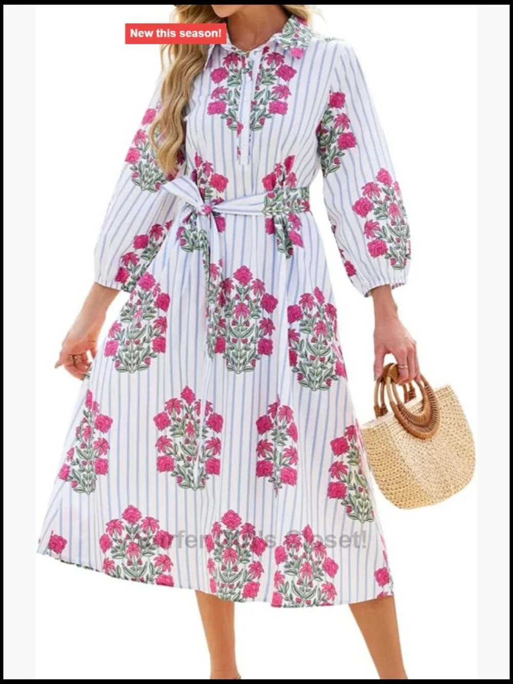 Women's Floral Midi Shirt Dress Casual Button Down A-Line 3/4 Puff Sleeve